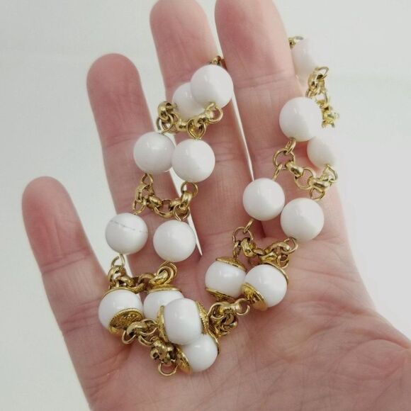 Vintage White and Gold Tone Beaded Bracelet, Two Strand with Clasp, Stacking - Picture 2 of 4
